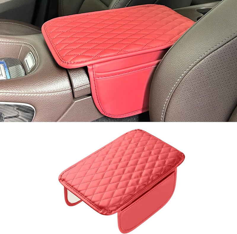 Tioollev Car Armrest Box Cover Diamond Quilted Grade Leather Console Organizer Car with Side Storage Pocket Universal Vehicle Middle Console Cover, Most Vehicle, SUV, Truck. (Red) - Image 1